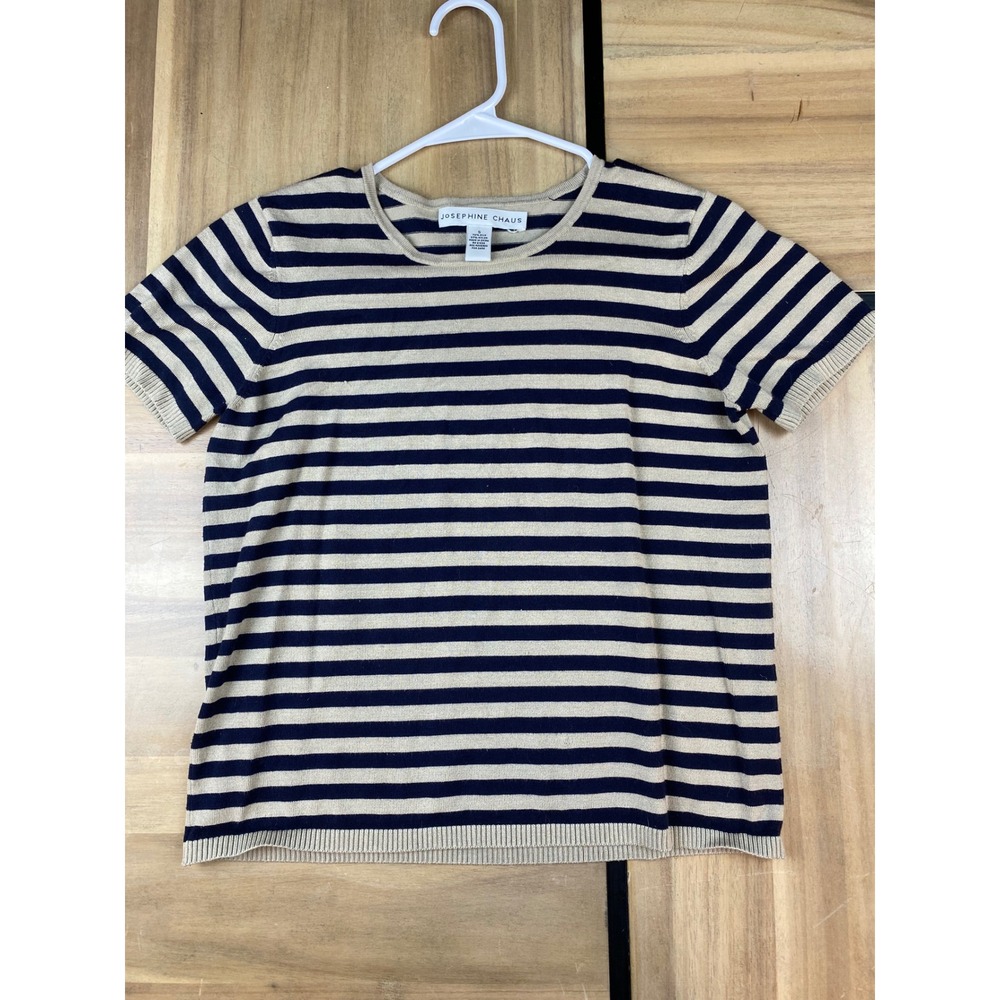 Josephine Chaus Silk Blend Striped Knit Top Navy Tan Short Sleeve Sweater Small